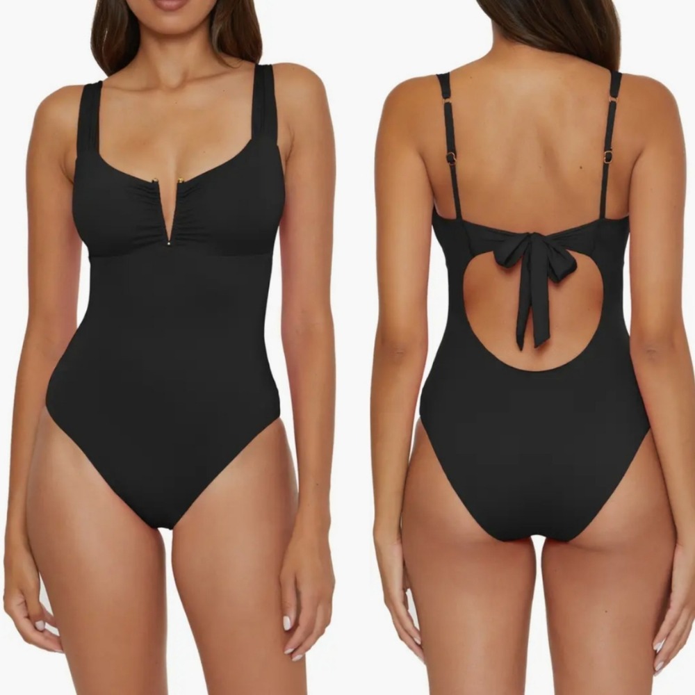 New BECCA by Rebecca Virtue Black One Piece Swimsuit Gold V-Hardware Tie Back S